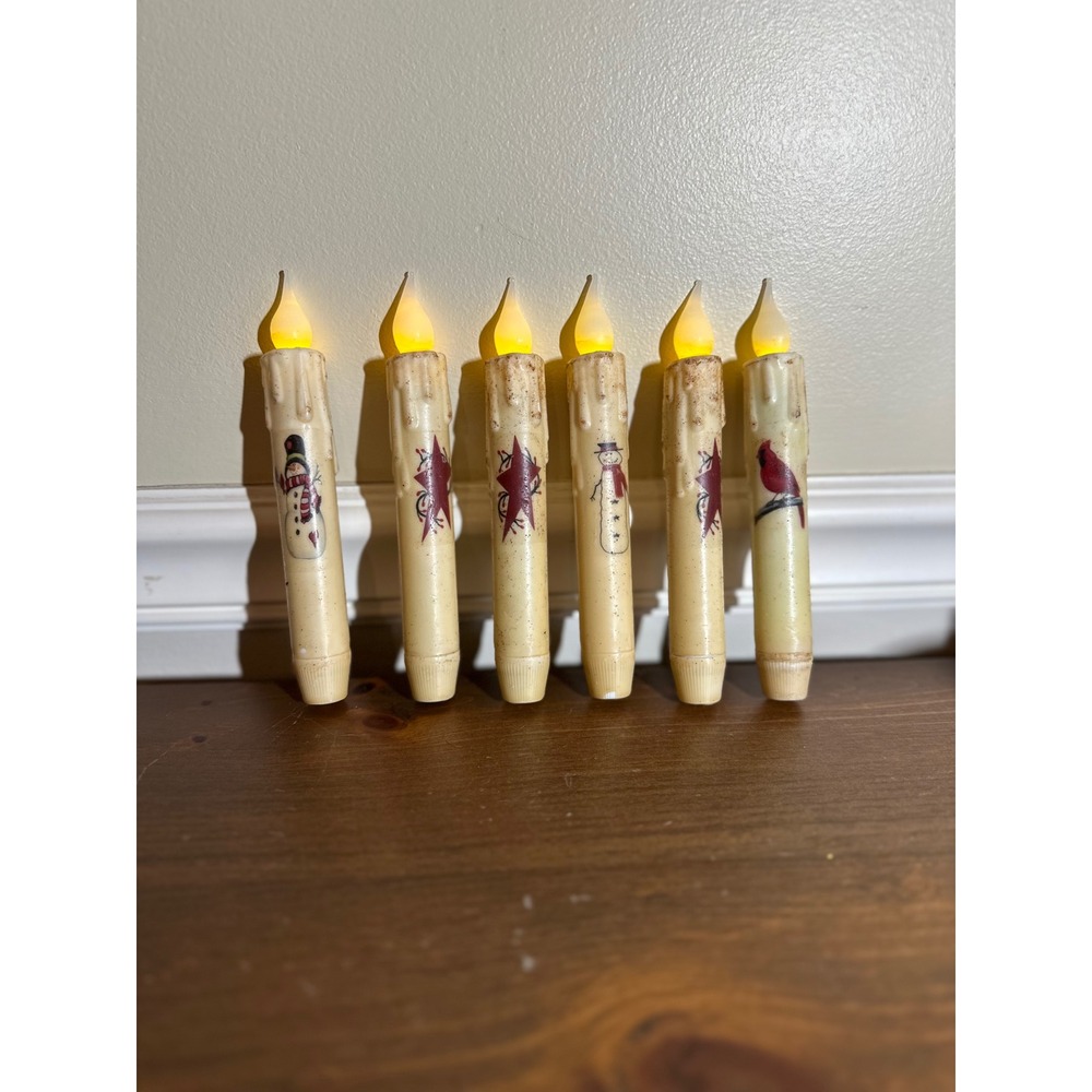 Set of 6 Primitive LED Window Taper Candles Snowman Star Cardinal Holiday Decor - Picture 4 of 5